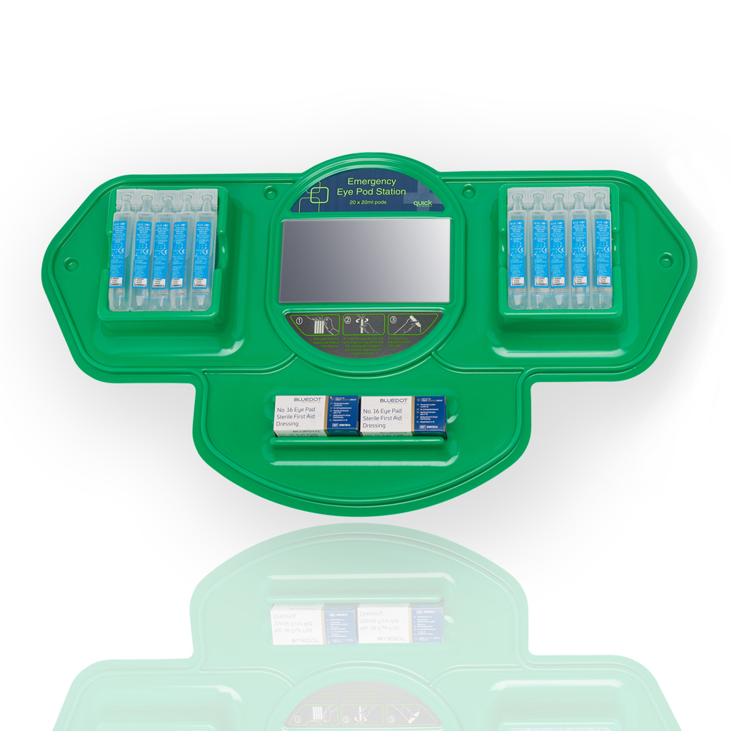 Image of Blue Dot Eye Wash Pods & 20 x 20ml Eye Wash Pods, 2 x Eye Pad Station With Mirror