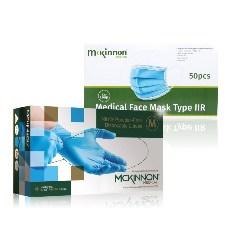 a box of gloves and a box of face masks